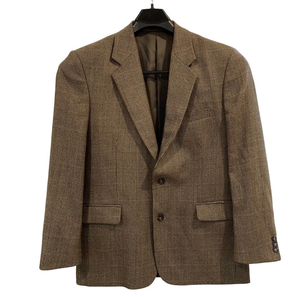 Vintage Cashmere Touch Mens Brown Glen Plaid Two Button Blazer Sport Coat Jacket